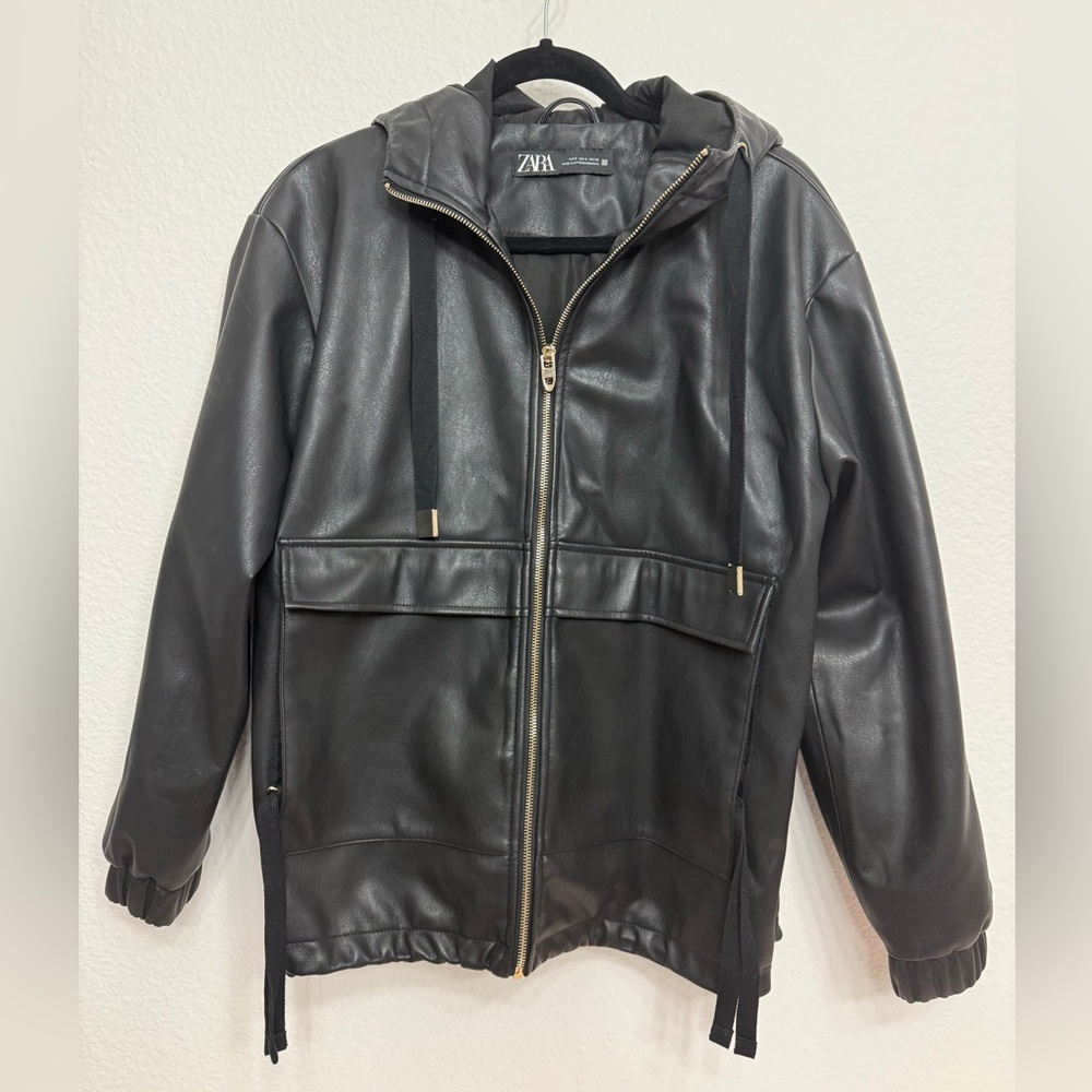 Zara Oversized Black Hooded Leather Jacket Small
